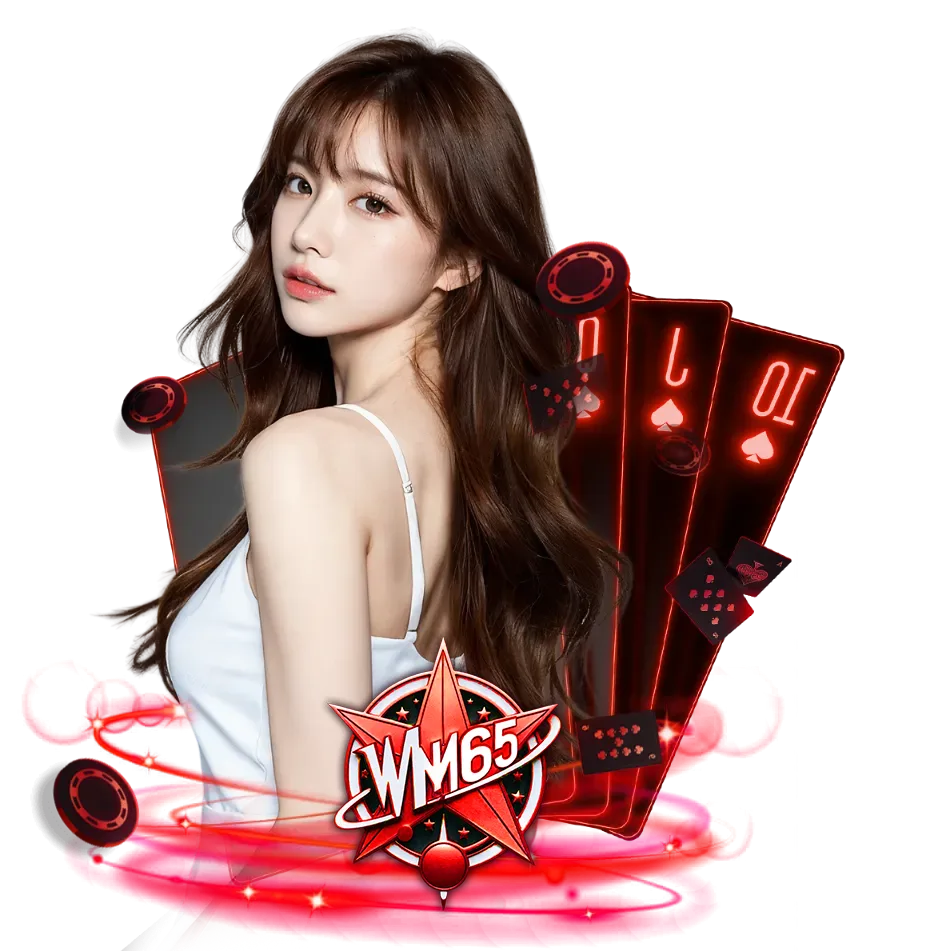 ภาพโลโก้ WM65 คาสิโนออนไลน์ พร้อมนางแบบและไพ่โป๊กเกอร์ ดีไซน์โทนสีแดงนีออน สื่อถึงเกมบาคาร่า สล็อต และคาสิโนสด เว็บตรง wm65 เล่นง่ายจ่ายเร็ว รองรับมือถือ