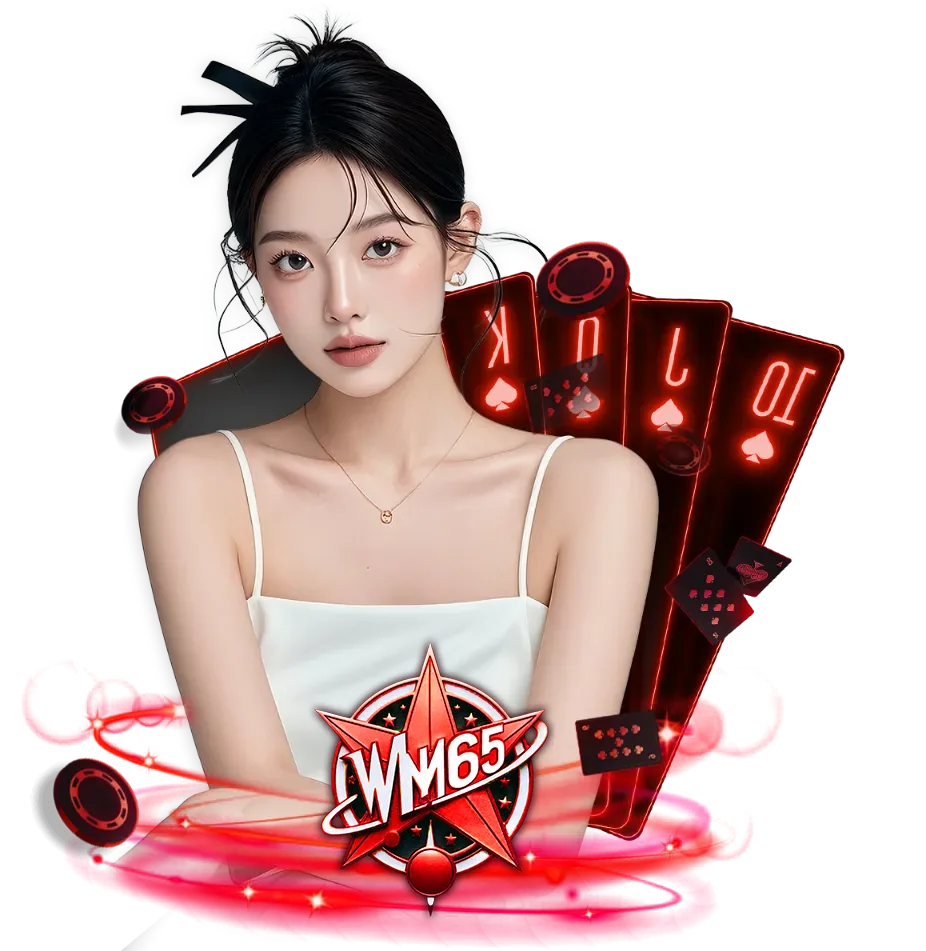 ภาพนางแบบพร้อมโลโก้ WM65 และไพ่โป๊กเกอร์ ดีไซน์คาสิโนออนไลน์โทนสีแดง สื่อถึงเกมบาคาร่า สล็อต และคาสิโนสด เว็บตรง wm65 เล่นง่ายจ่ายเร็ว รองรับมือถือทุกระบบ