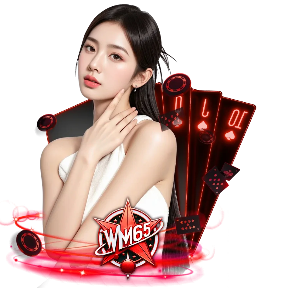 ภาพนางแบบพร้อมโลโก้ WM65 และไพ่โป๊กเกอร์ ดีไซน์คาสิโนออนไลน์โทนสีแดงนีออน สื่อถึงเกมบาคาร่า สล็อต และคาสิโนสด เว็บตรง wm65 เล่นง่ายจ่ายเร็ว รองรับมือถือทุกระบบ
